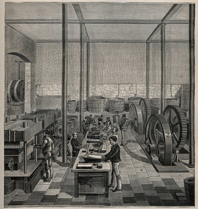 Celluloid: Celluloid Manufacture. Engraving from 1885 in 