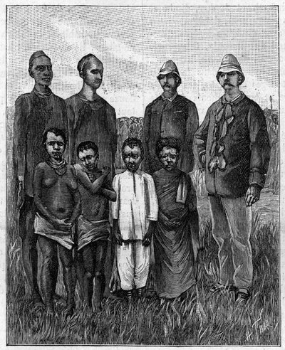 Central African Pygmies joined by English and Sudanese officers. (From a photograph). Engraving in 