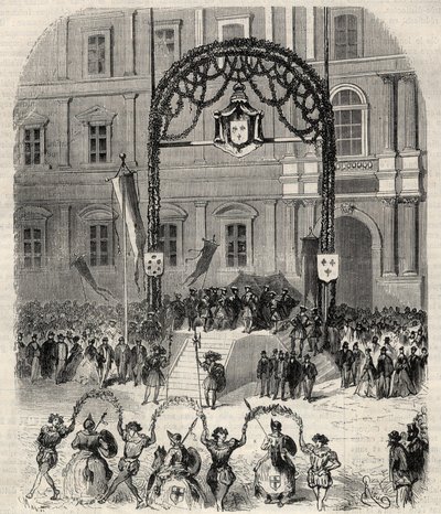 Charity feasts in Marseille commemorating the arrival of Francois I where he met Pope Clement VII: farandole danced at Place Saint-Ferreol in front of the grandstand of King Francois I. Engraving in 