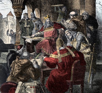 Charlemagne (742 - 814) on his throne presiding over the Palace Academy by Unknown artist