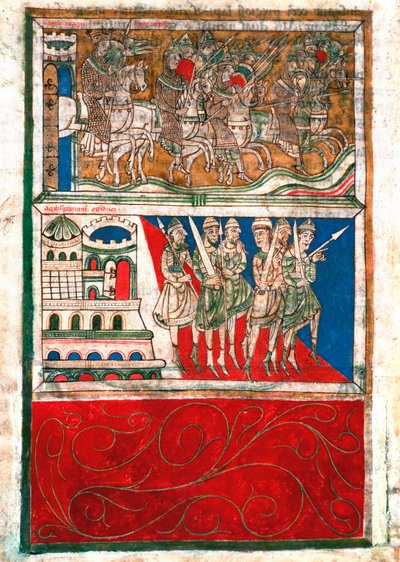 Charlemagne and his knights leave Aachen and go to Santiago de Compostela. Miniature from 