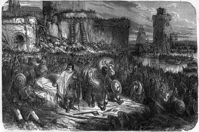 Charles III the Gros, Emperor of the West and Regent of France, camped under the walls of Paris without daring to fight the Normans, preferring to buy their retirement at a price of money by Unknown artist