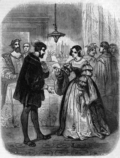 Charles V with Anne de Pisseleu, Duchess of Etampes, Mistress of Francois I Nicknamed La Belle Feronniere. Engraving of the 19th Century by Unknown artist