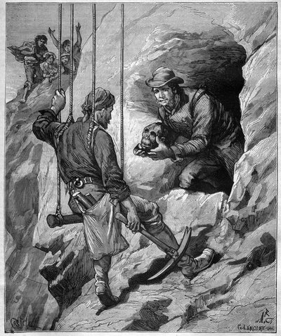 Charles Wiener (1851-1913), French explorer and diplomat exploring a burial cave of Peru (engraving in 