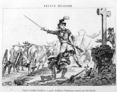 Chief and soldier on foot. Vendean artillery dragged by oxen. Engraving of the 19th century by Unknown artist