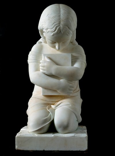 Child Kneeling Holding a Book in His Arms Anonymous 19th Century Marble Sculpture by Unknown artist