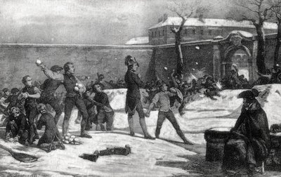 Childhood of Napoleon I Bonaparte (1769 - 1821) at the military school of Brienne le Chateau (Dawn) in 1782: Napoleon in the midst of a snowball battle between children. by Unknown artist