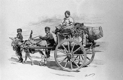 Children of the People on a Cart Drawn by a Donkey, Sicily. Engraving of the 19th Century by Unknown artist