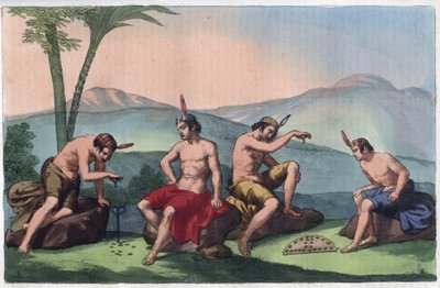Chilean native Indians playing Queciu and Porotos, Chile - engraving from 