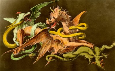 A dragon fighting two monsters by Unknown artist