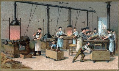 Chocolate making. Cocoa Torrefaction Room. Chromolithography of the late 19th century by Unknown artist