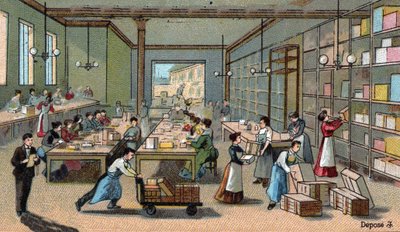Chocolate manufacture: packaging, shipping. Chromolithography of the end of the 19th century by Unknown artist