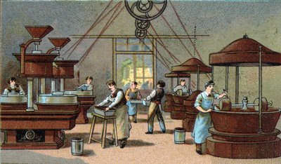 Chocolate manufacturing, mixing room. Chromolithography of the end of the 19th century by Unknown artist