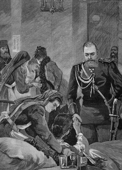 Cholera in Russia in 1892: Alexander III, Emperor of Russia and his wife Maria Feodorovna, Empress of Russia visit a hospital. Engraving from 1892 by Unknown artist