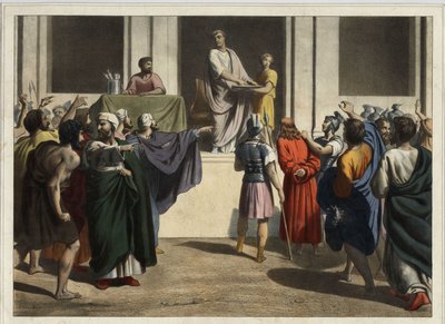 Christ before Pontius Pilate: Seeing that the people wanted the death of Jesus and fearing a riot, Pilate took water, washed his hands before the crowd saying, 