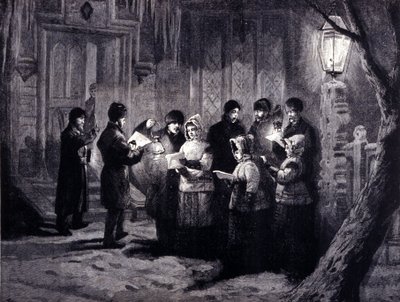Christmas Night in Canada: readings and prayers. 19th century engraving by Unknown artist