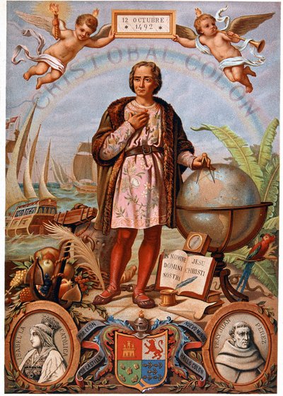 Christopher Columbus. On the left, portrait of Isabella the Catholic, Queen of Castile (1451-1504). Spanish chromolithography of the 19th century by Unknown artist