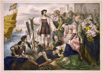 Christopher Columbus and the Pinzon Brothers Leaving the Port of Palos in Spain on 03/08/1492 for the New World. Engraving 2nd Half of the 19th Century by Unknown artist