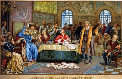 Christopher Columbus at the court of Isabella I of Spain, called the Catholic or Castile. chromolithograph of the 19th century by Unknown artist