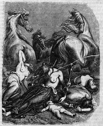 Cimbres War around 120 BC: women, elders and children of the Ambrons tribe throw themselves under enemy horses or die to avoid slavery by the Romans. by Unknown artist
