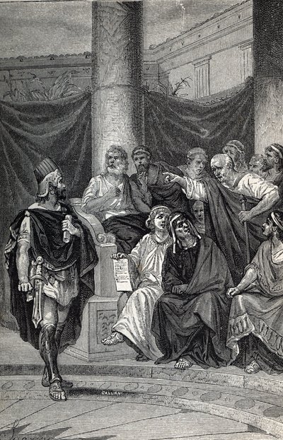 Cineas Important Adviser of King Pyrrhus Trying to Negotiate with the Romans after the Battle of Heraclea 280 BC, Engraving 1884 by Unknown artist