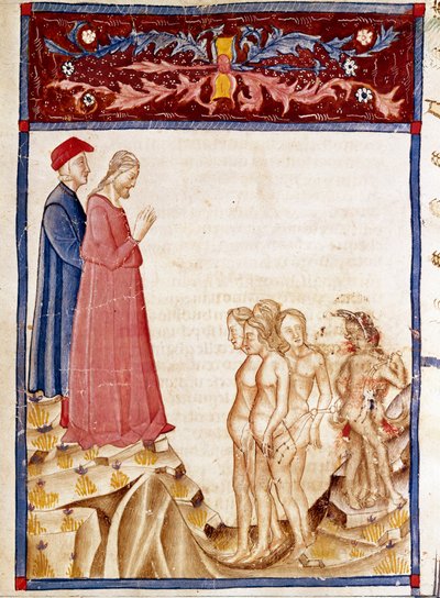 Circle of Traitors: Dante and Virgil meet the souls of the traitors of benefactors. Illuminated page illustrating the 34th song of Hell from the 