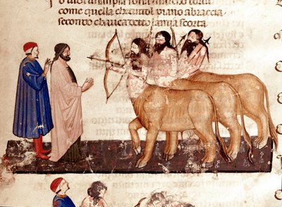 Circle of Violents: Dante and Virgil meet Centaurs armed with bows and arrows. Illuminated page illustrating the 7th song of Hell from the 