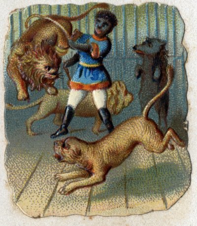 Circus: a tamer in a cage with wild animals by Unknown artist