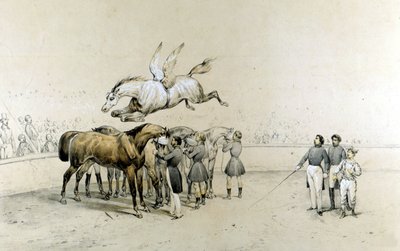 Circus show: a winged horse jumps over three blindfolded horses. by Unknown artist