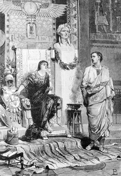 Cleopatra (69 BC - 30 BC), Queen of Egypt and Octave, came to talk with her after the defeat of Actium and the death of Marc Antony (19th century engraving) by Unknown artist
