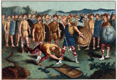 Clovis and the Frankish warrior who broke the Vase of Soissons in 486. Chromolithography of the 19th century by Unknown artist