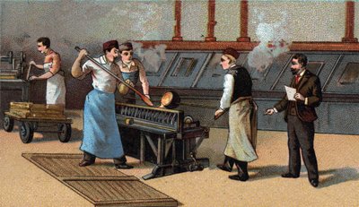 Coin making, gold blades. Chromolithography of the end of the 19th century by Unknown artist