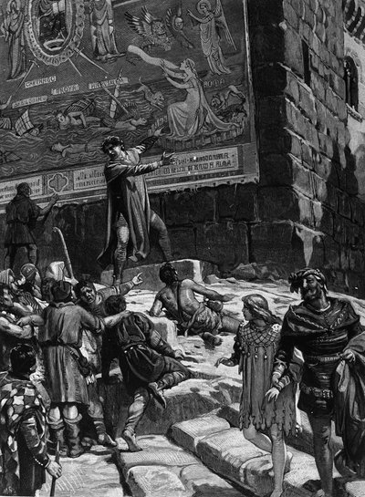 Cola di Rienzo (1314-1354), in the campaign to become a tribune of the Roman people, explains to the people of Rome the frescoes he had installed in the Capitol symbolizing the agony of Rome in a stormy sea surrounded by Troy, Jerusalem, Carthage and Babyl by Unknown artist