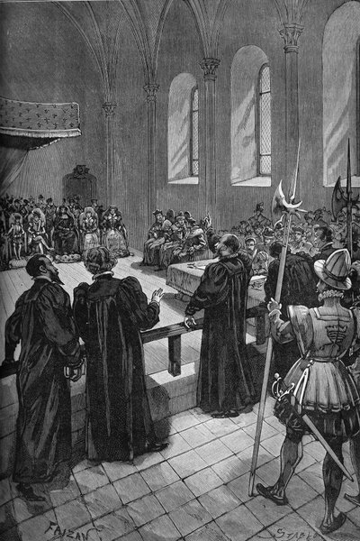 Colloquium of Poissy (1561). Speech by the Swiss Calvinist Theodore de Beze (1519-1605) (Centre, Back), Head of the Protestant Delegation by Unknown artist