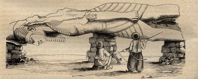Colossus of Ramses II found in 1820, near the southern gate of the temple of Ptah located about thirty meters away, by the Italian traveler Giovanni Battista Caviglia - engraving of 1838 by Unknown artist