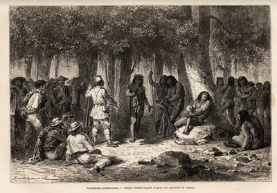 Commercial proposals between the Siriniris Indians and the members of the expedition, organization of the exchange of knives and needles for feathers of birds strung on a sprig of vine and aras, in the village of Huatinmio, located in the heights of the Ca by Unknown artist