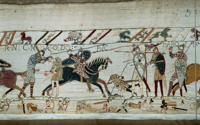 Conquest of England by the Duke of Normandy William the Conqueror in 1066: the Normans massacre the Saxon armies, King Harold is killed by an arrow found in the eye (detail of the tapestry of Bayeux or Embroidery of Queen Mathilde) by Unknown artist