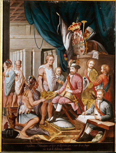 Conquest of Mexico: Montezuma offers presents to Hernan Cortez and swears loyalty to the Kingdom of Spain by Unknown artist