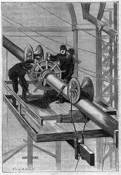 Construction of Brooklyn Bridge in New York: Machine Used to Cover the 19 Secondary Cables with Helice Steel Wire into a Single Cable. Engraving from 1883 by Unknown artist