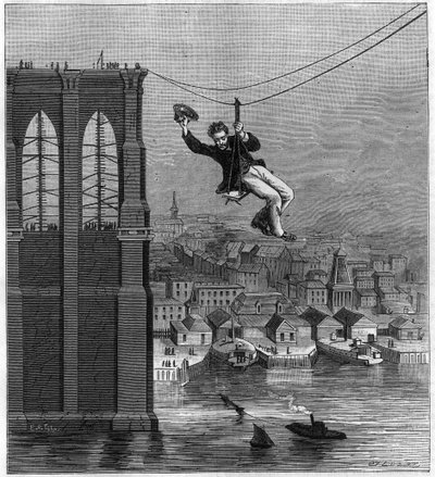 Construction of the Brooklyn Bridge in New York: Mr. Farrington, Chief Mechanic of Construction, Moving from One Pile to Another Using the First Stretched Wire (August 25) by Unknown artist