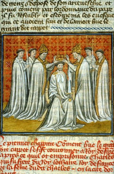 Coronation of Hugues Capet by Adalberon, Archbishop of Reims - Illumination of manuscript on veline of the Middle Ages 