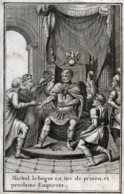Coronation of Michael II the Amorian (the Stammerer) (770-829) as Byzantine emperor after his release from prison in 820. He is the founder of the Amorian dynasty. Engraving in "Beaute de l
