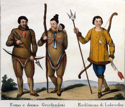 Costume. Couple of Greenland Eskimos with their Child and Labrador Eskimo. Lithograph, early 19th century by Unknown artist