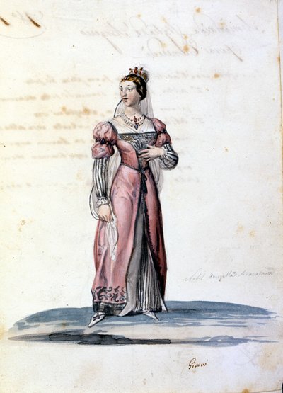 Costume of young lady of the nobility of Syracuse drawn by Gironi for the opera “Tancredi” (Tancrede) by Gioacchino Rossini. 1813 by Unknown artist
