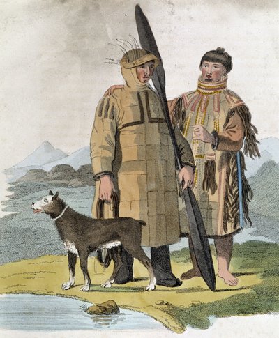 Couple from a Russian province and their dog - engraving by Unknown artist