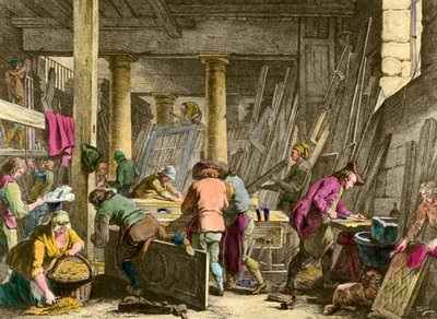 Crafts: Workshop of the Sieur Jadot joiner. Workers at work in the 18th century. Engraving of the 19th century. Private collection by Unknown artist
