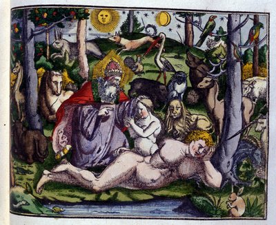Creation: God represented surrounded by human beings and animals (dog, crane, lion, deer, beaver, monkey, unicorn, wild boar, parrots, rabbit...), according to Historiae animalium by Konrad Gesner by Unknown artist