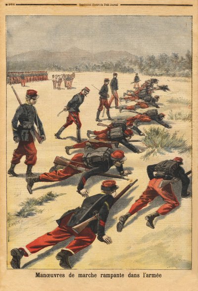 Creeping walking maneuvers in the army, experimentation with new tampons bracelets, which protect the palm of the hands. Engraving in Le petit journal 16/08/1896. Selva