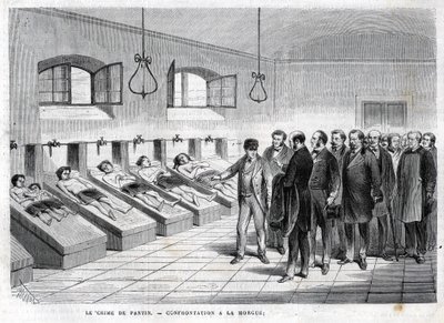 Crime of Pantin in October 1869. Confrontation at the morgue. engraving of 1869 by Unknown artist
