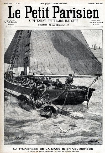 Crossing the Channel in velocipede: a fishing boat collects Georges Pinkert at sea who had made the bet to cross the Channel with the water velocipede he had invented. Engraving in 